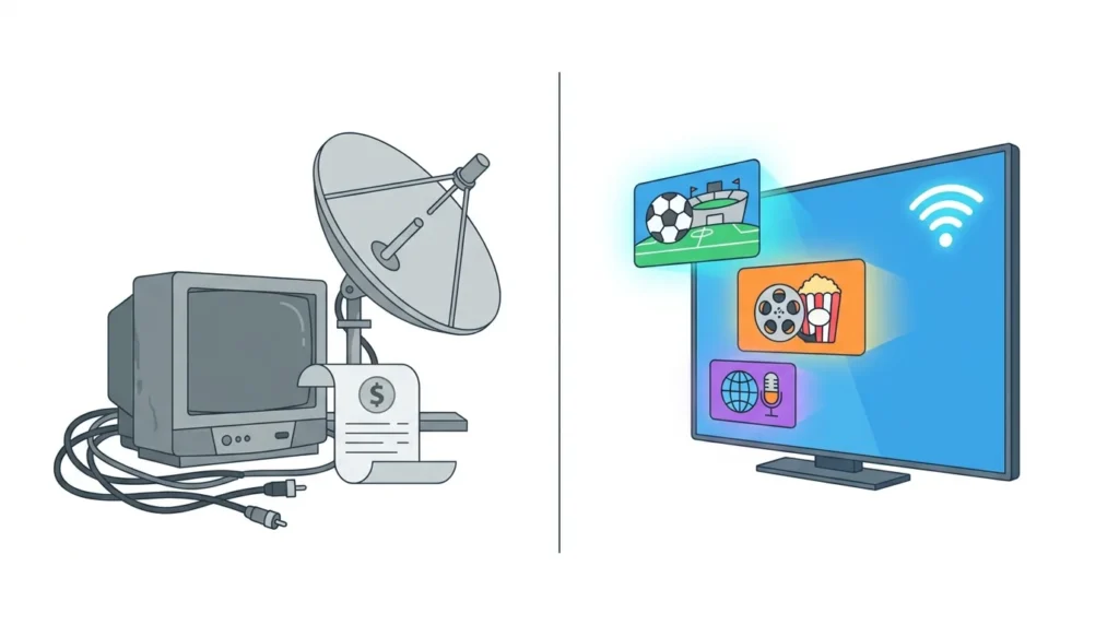 Illustration of IPTV running across a smart TV, streaming stick, set-top box, tablet and phone. Alt text: IPTV device compatibility — smart TV, Firestick, Android TV box, tablet and smartphone